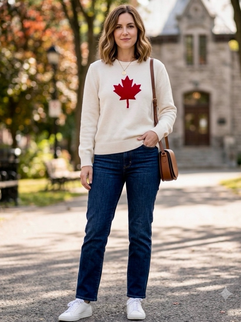 Cream Crewneck Sweater with Red Maple Motif